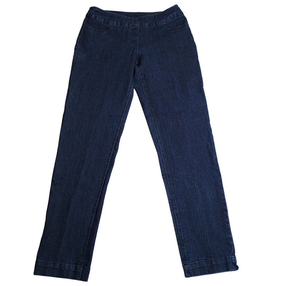 Slim Sation Pull On Jeans Women 10 Blue Straight Leg Tummy Control Stretch Denim